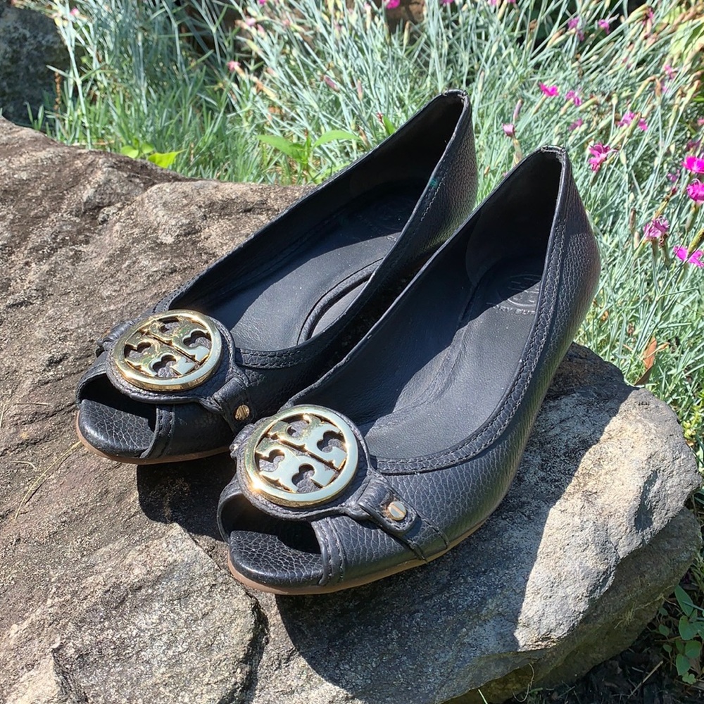 Tory Burch black peep toe leather wedge shoes